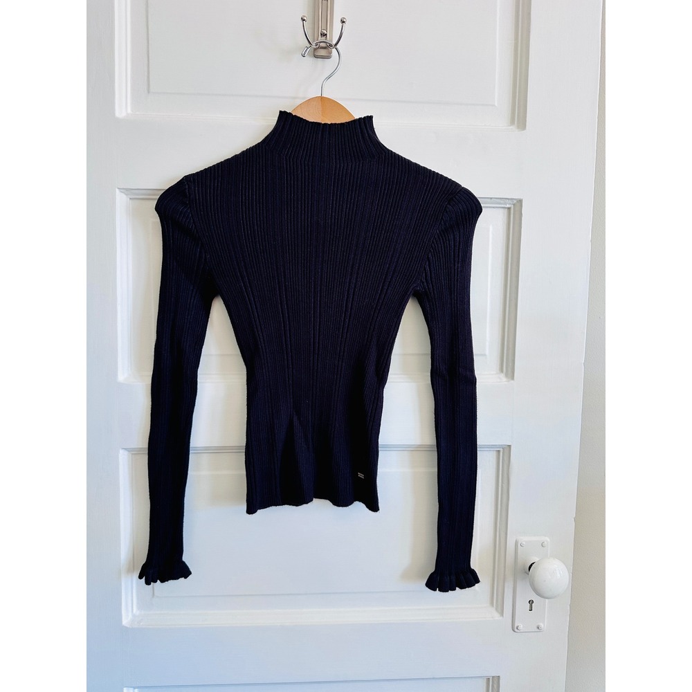 Scotch & Soda Amsterdam Dark Purple Ribbed Mock Neck Ruffle Cuff Top XS